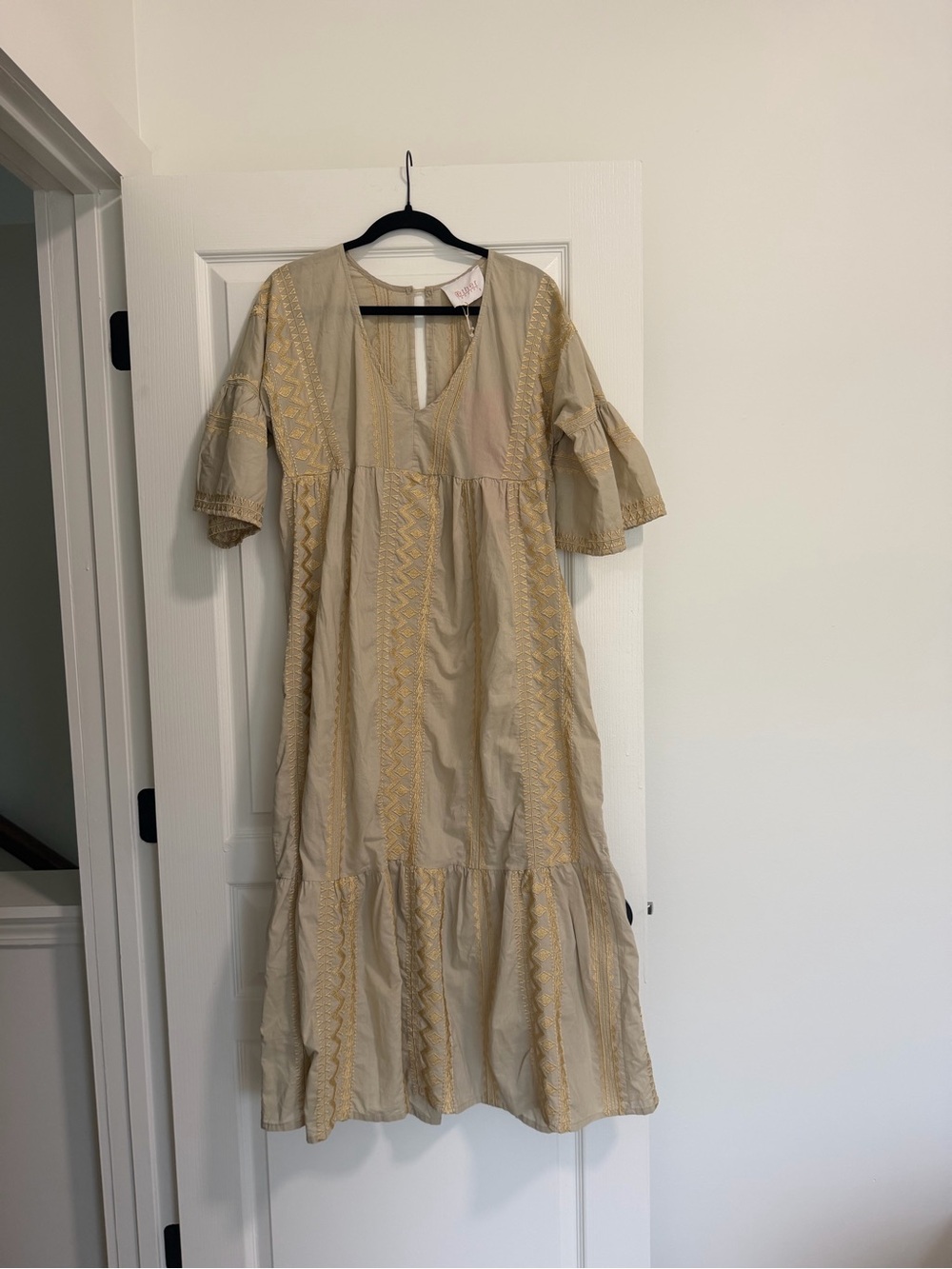 Beige Embroidered Maxi Dress with Flutter Sleeves